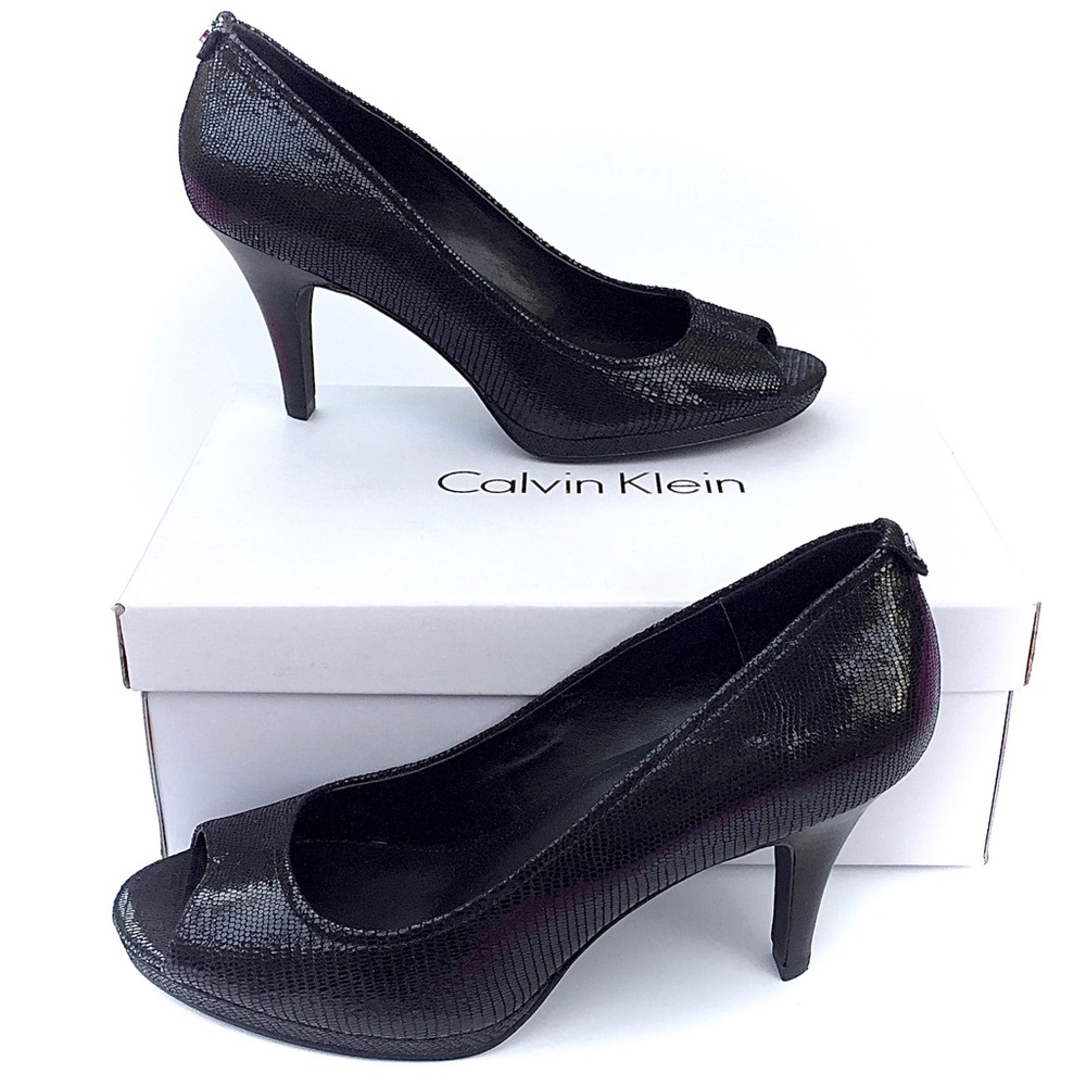 CALVIN KLEIN Pearlized Reptile Print Peep Toe Black Heels